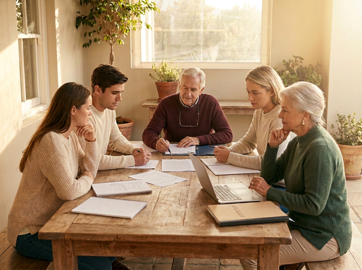 Three generations of a family reviewing their plan together